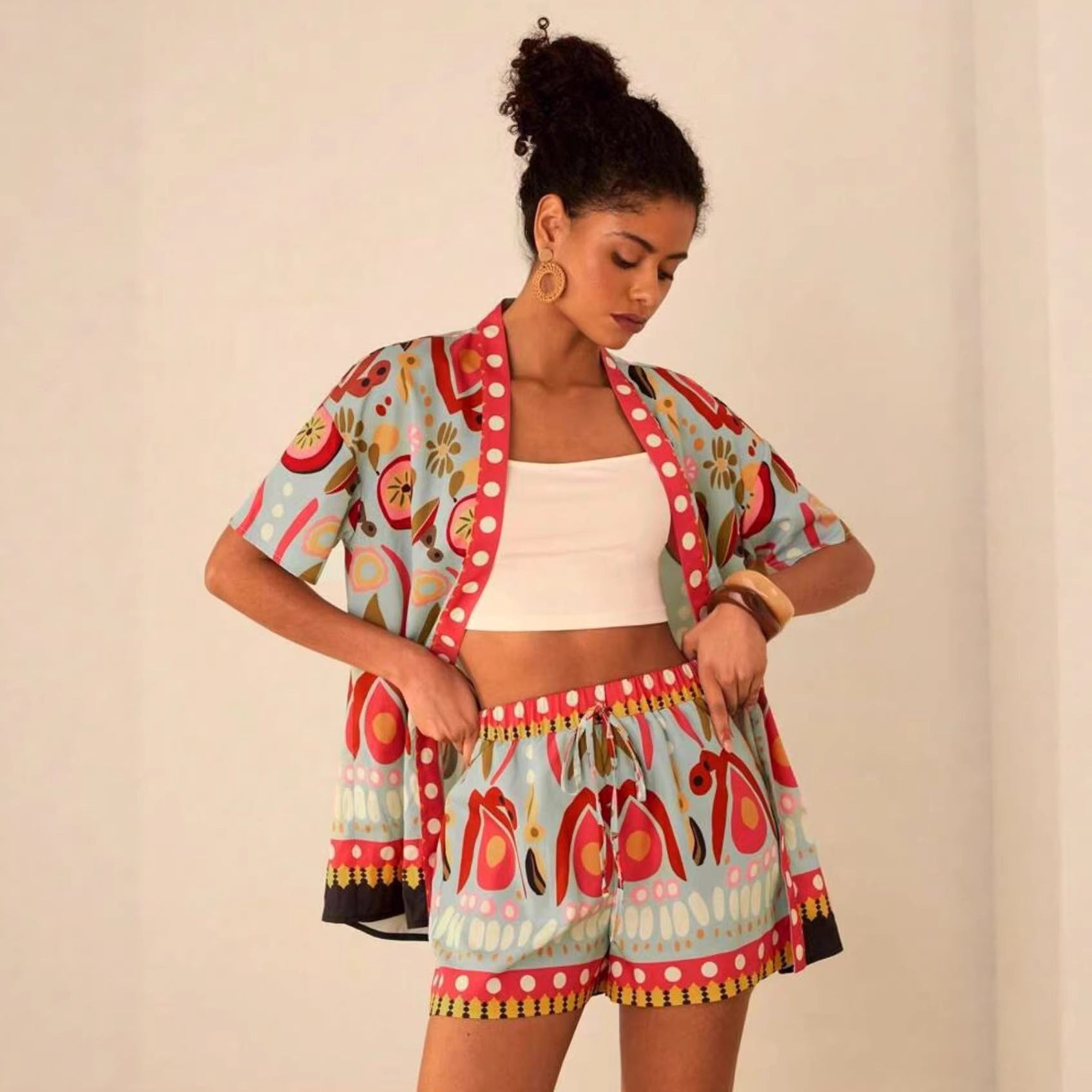 Fashion Casual Printing Cardigan Short Sleeve Shorts Suit - Image 6
