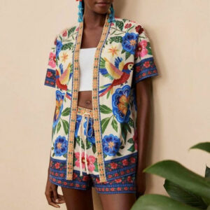 Fashion Casual Printing Cardigan Short Sleeve Shorts Suit